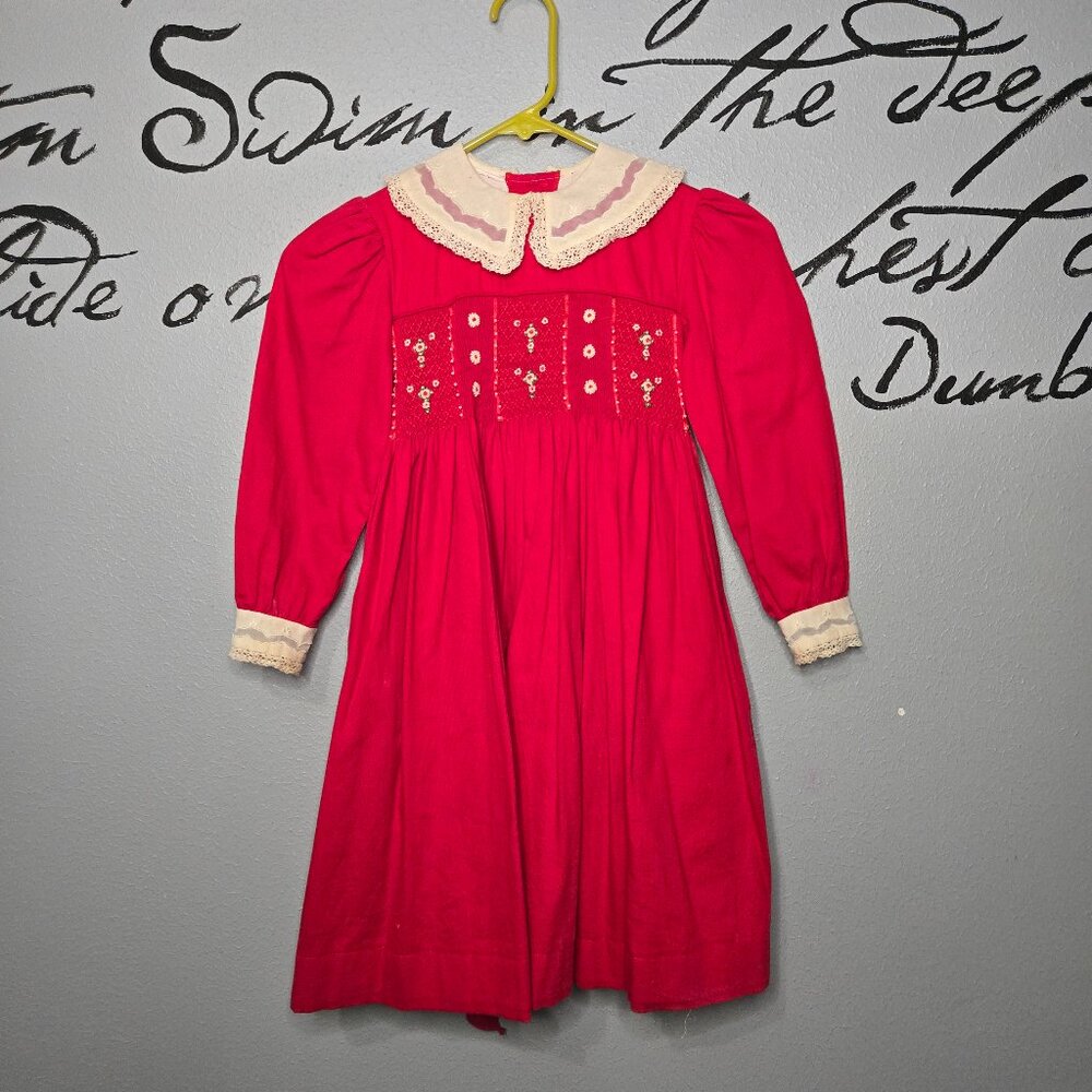 Vintage Handmade Smocked Red Corduroy Dress with Lace Details, Y7
